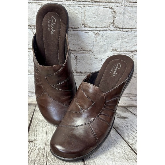 Clarks Shoes - Clarks Artisan Good Year Womens Size 8 Brown Wedge Mules Shoes Slip On Excellent